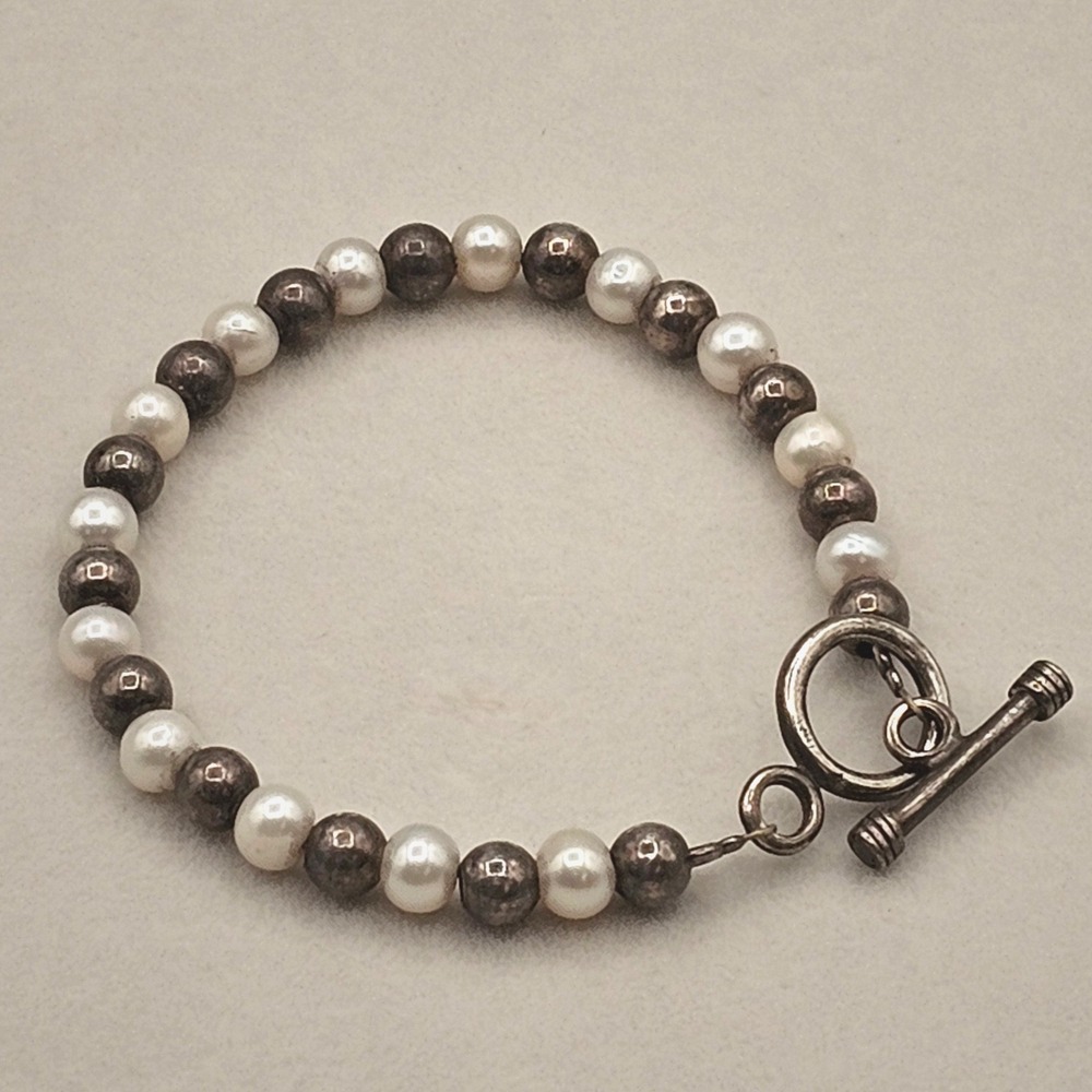 Sterling Silver & Pearl Beaded Toggle Bracelet 6.5" Thai 925 Silpada? Classic